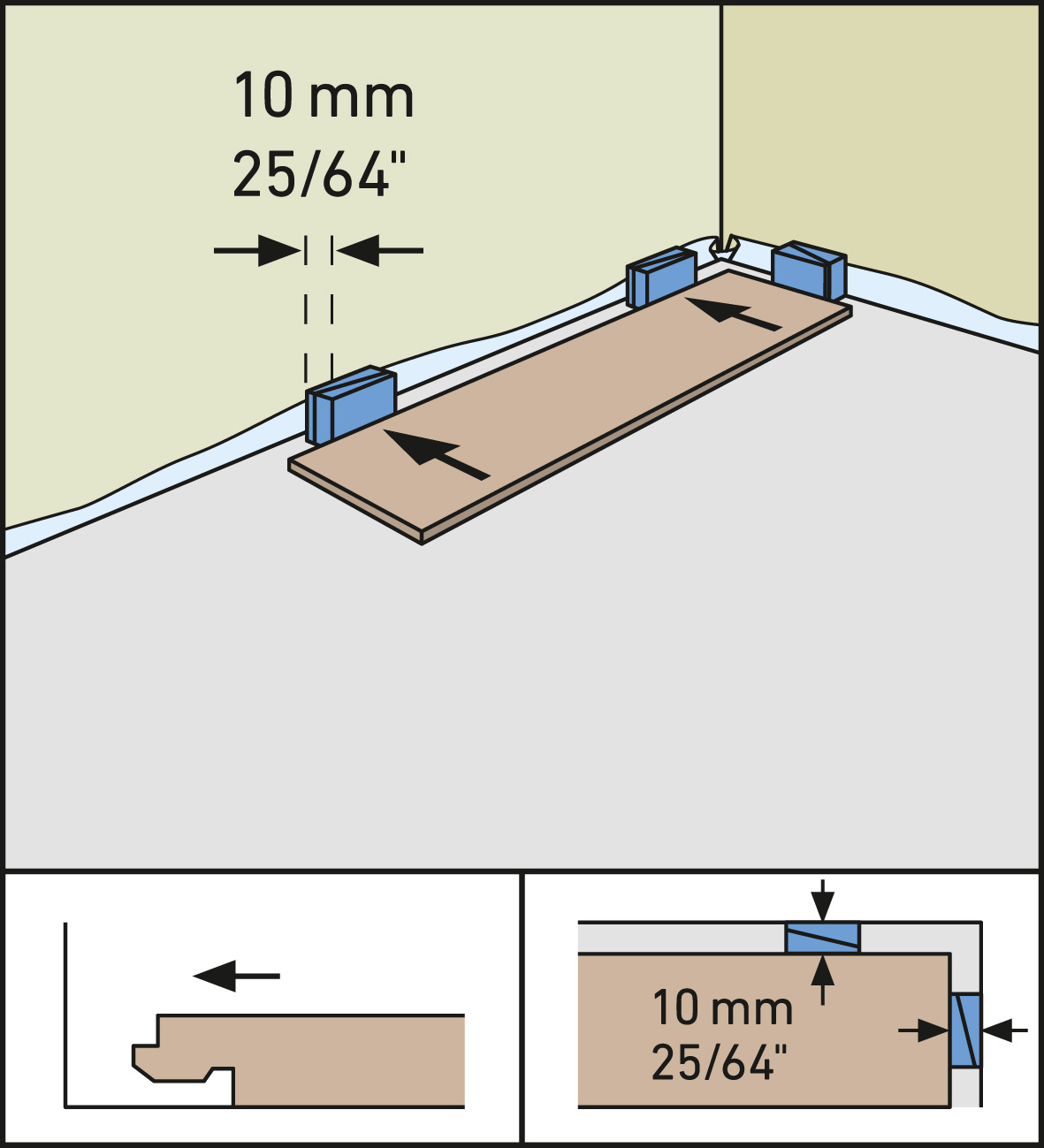 2. Schritt beim Laminat verlegen: Das erste Paneel Das erste Laminatpaneel verlegen
