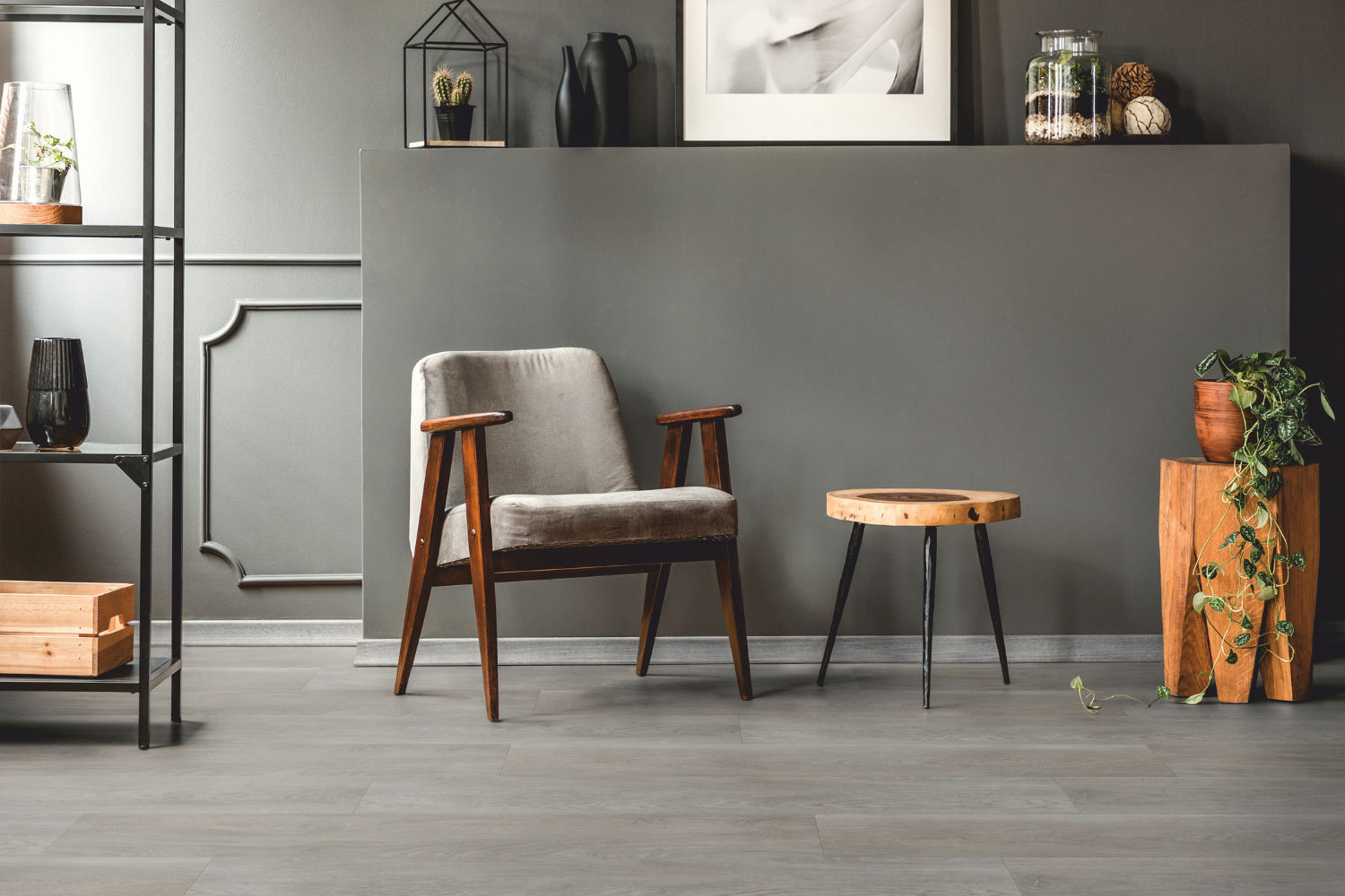 Landhausdiele in Esche grau im Wohnzimmer